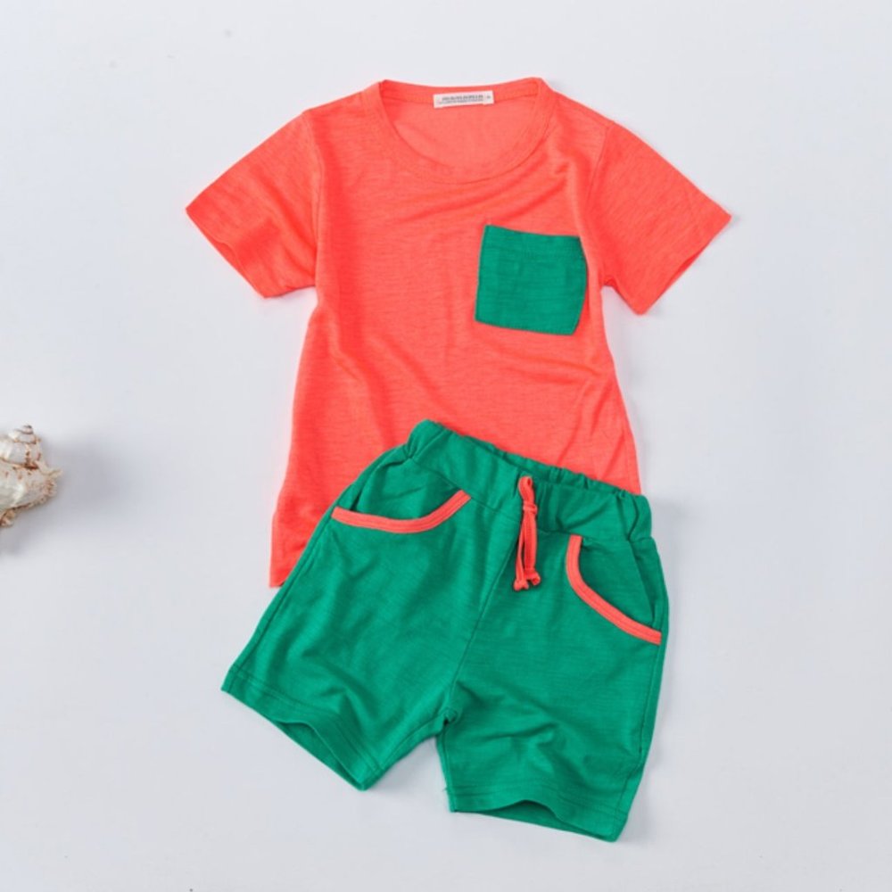 Kids clothes/Children Fluorescent Pocket top and bottom 2 Piece set